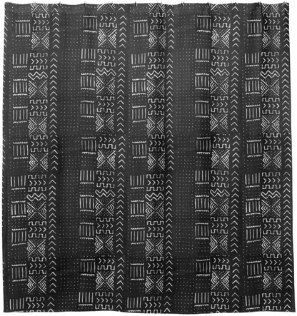 Mudcloth shower curtain in black and white, modern bathroom. Global homes and eclectic interior design in Brooklyn, Washington, DC, San Francisco.